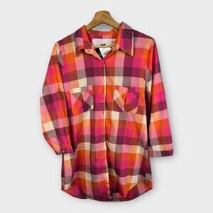 Jak Womens size XL Plaid Cotton Folklore 3/4 Sleeve Button Top Blouse NEW Pink